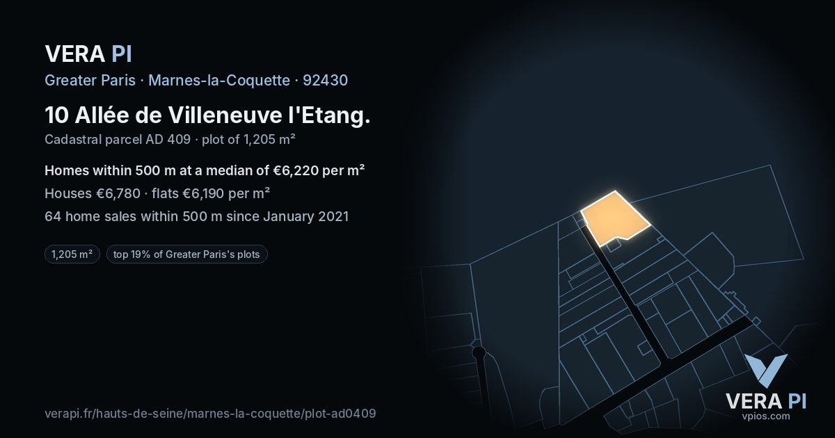 10 Allée de Villeneuve l'Etang, Marnes-la-Coquette at night – the plot lit, the parcels around coloured by the prices near them