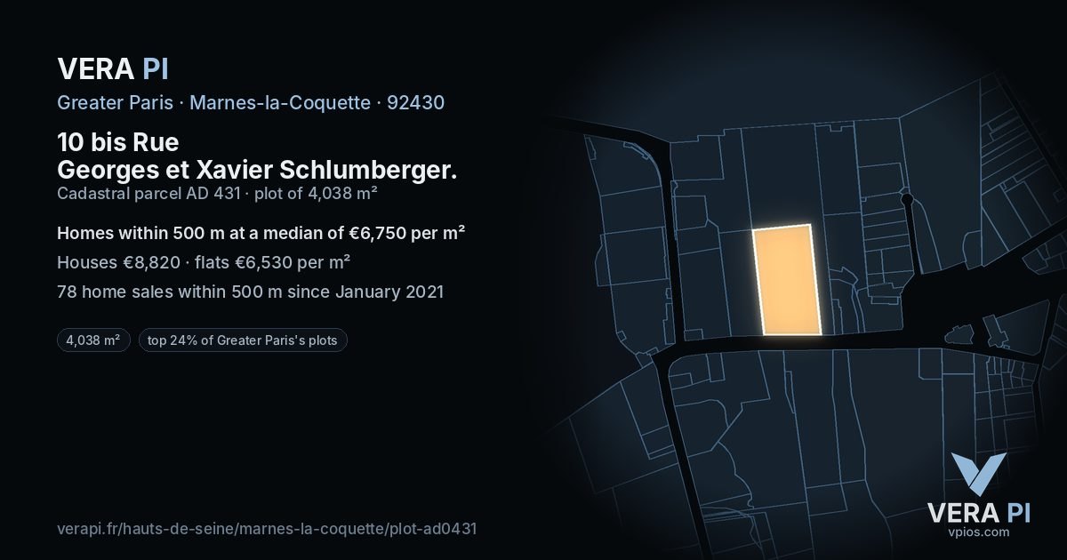 10 bis Rue Georges et Xavier Schlumberger, Marnes-la-Coquette at night – the plot lit, the parcels around coloured by the prices near them
