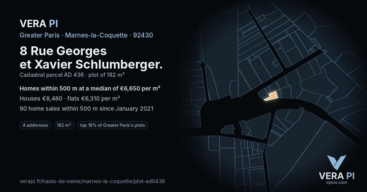 8 Rue Georges et Xavier Schlumberger, Marnes-la-Coquette at night – the plot lit, the parcels around coloured by the prices near them