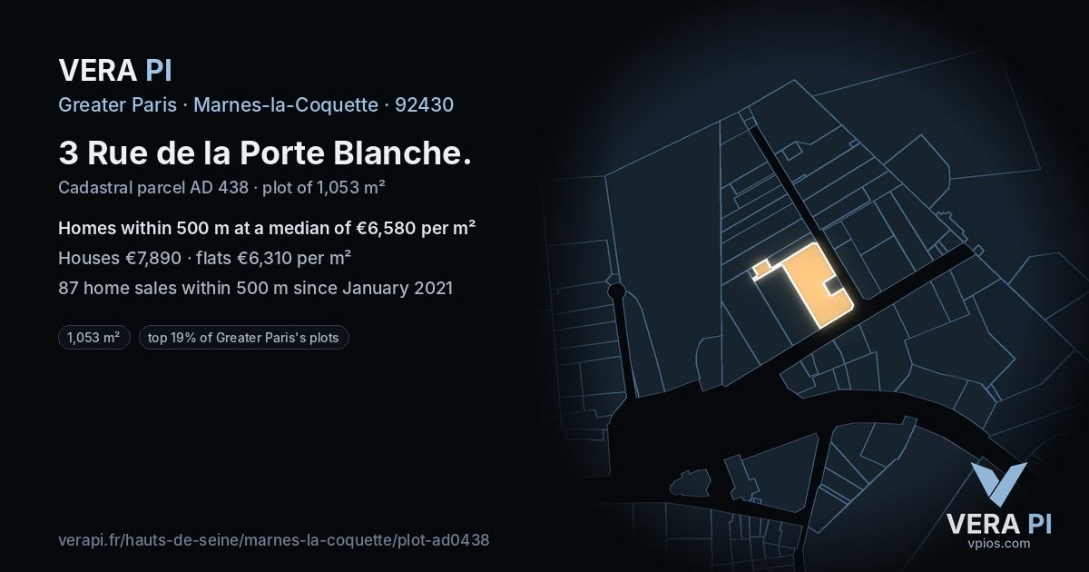 3 Rue de la Porte Blanche, Marnes-la-Coquette at night – the plot lit, the parcels around coloured by the prices near them