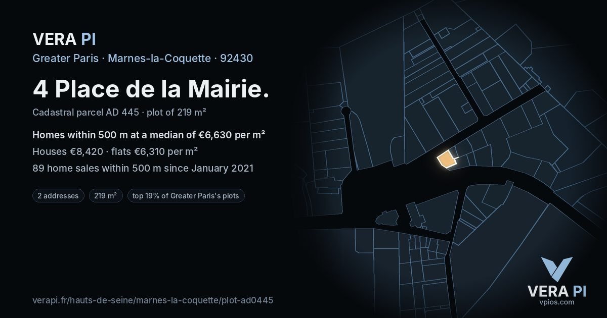 4 Place de la Mairie, Marnes-la-Coquette at night – the plot lit, the parcels around coloured by the prices near them