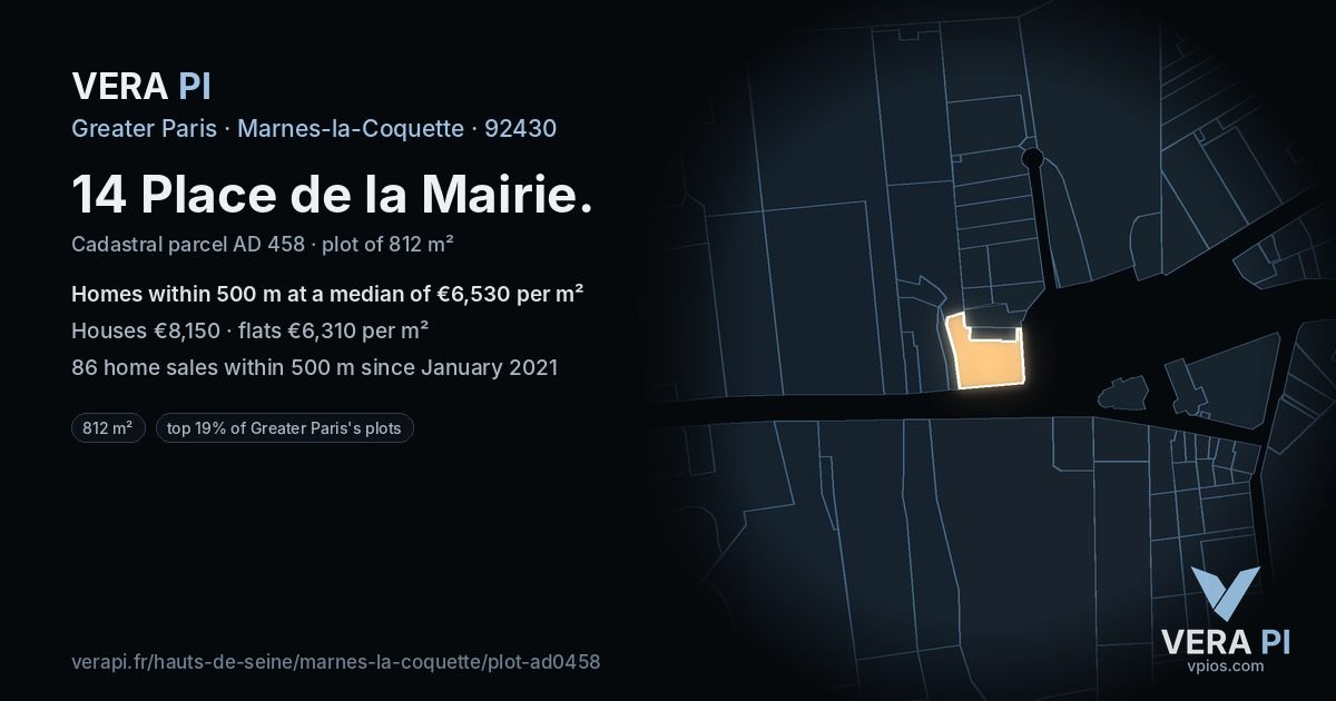 14 Place de la Mairie, Marnes-la-Coquette at night – the plot lit, the parcels around coloured by the prices near them
