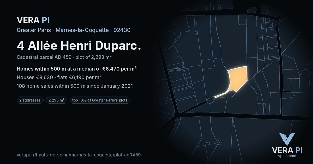 4 Allée Henri Duparc, Marnes-la-Coquette at night – the plot lit, the parcels around coloured by the prices near them