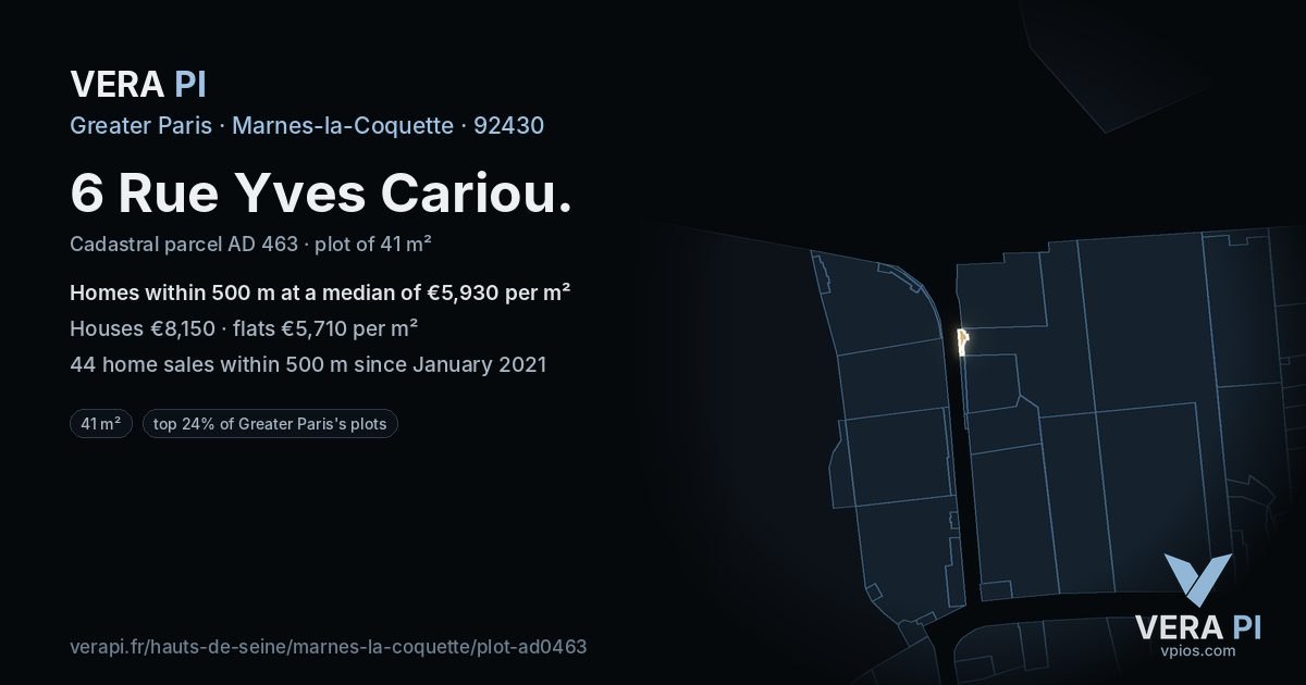 6 Rue Yves Cariou, Marnes-la-Coquette at night – the plot lit, the parcels around coloured by the prices near them