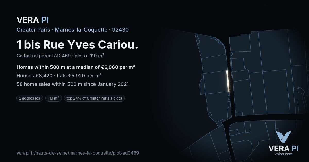1 bis Rue Yves Cariou, Marnes-la-Coquette at night – the plot lit, the parcels around coloured by the prices near them