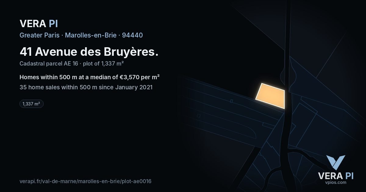41 Avenue des Bruyères, Marolles-en-Brie at night – the plot lit, the parcels around coloured by the prices near them