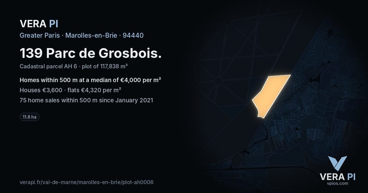 139 Parc de Grosbois, Marolles-en-Brie at night – the plot lit, the parcels around coloured by the prices near them