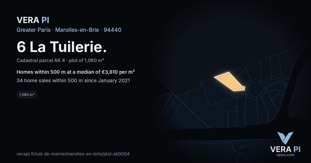 6 La Tuilerie, Marolles-en-Brie at night – the plot lit, the parcels around coloured by the prices near them