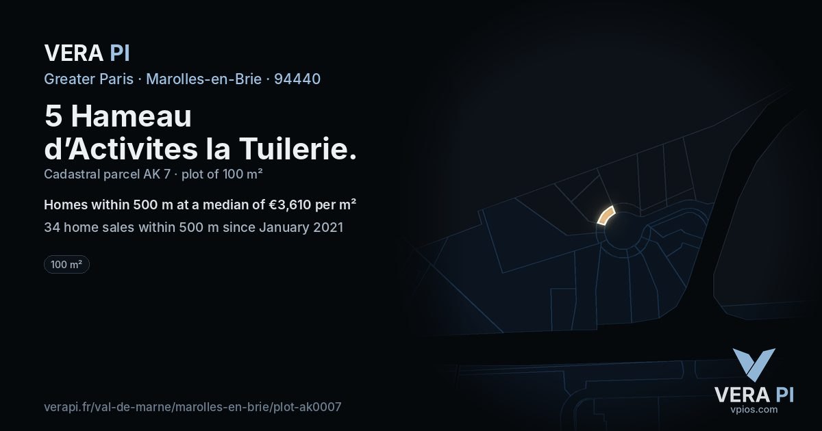5 Hameau d’Activites la Tuilerie, Marolles-en-Brie at night – the plot lit, the parcels around coloured by the prices near them