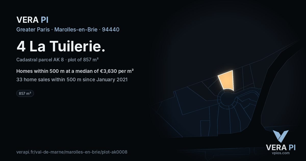 4 La Tuilerie, Marolles-en-Brie at night – the plot lit, the parcels around coloured by the prices near them