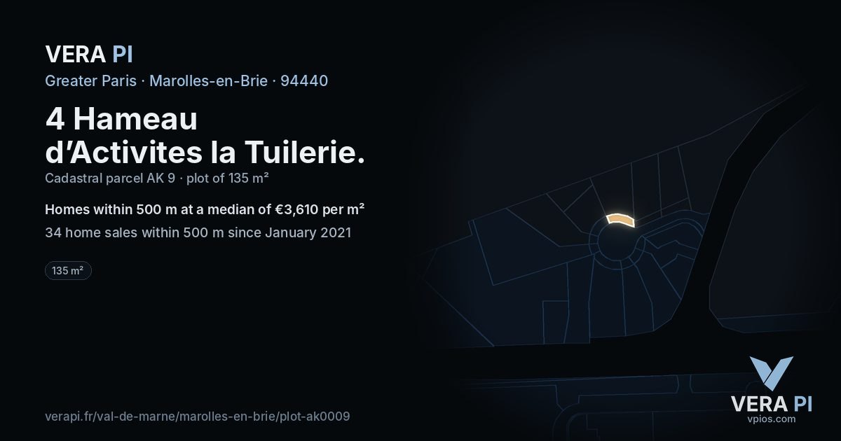 4 Hameau d’Activites la Tuilerie, Marolles-en-Brie at night – the plot lit, the parcels around coloured by the prices near them