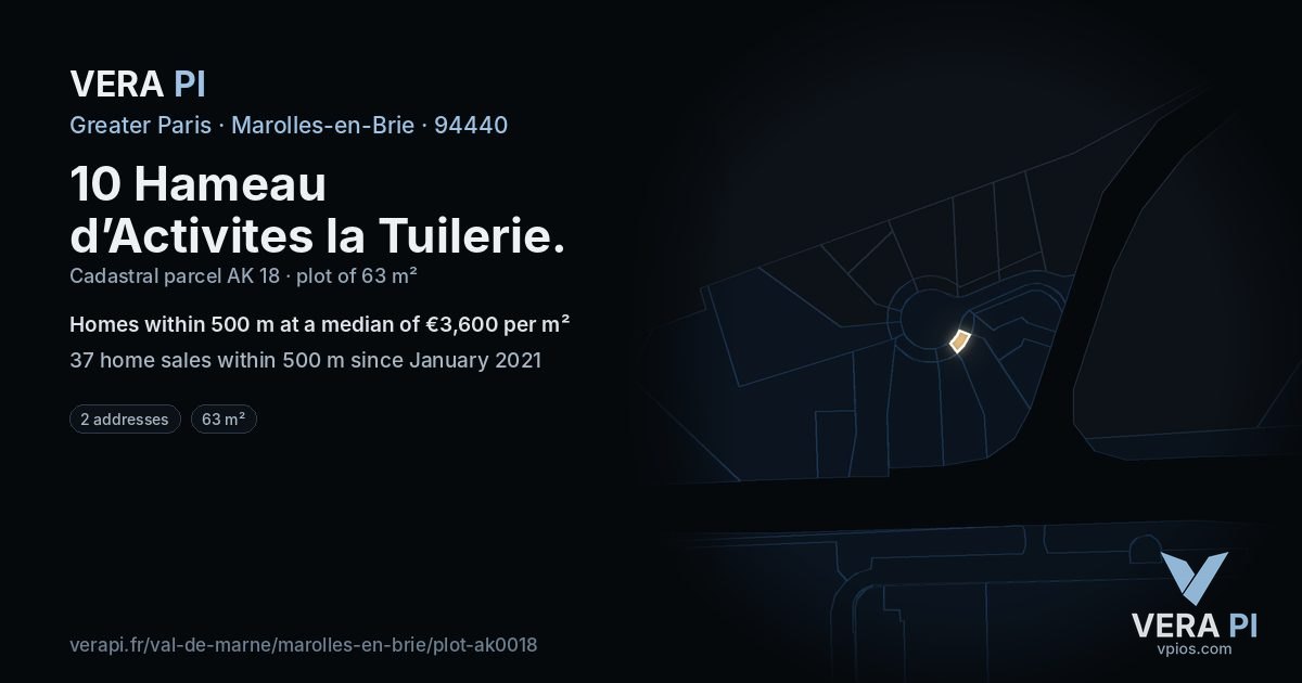 10 Hameau d’Activites la Tuilerie, Marolles-en-Brie at night – the plot lit, the parcels around coloured by the prices near them