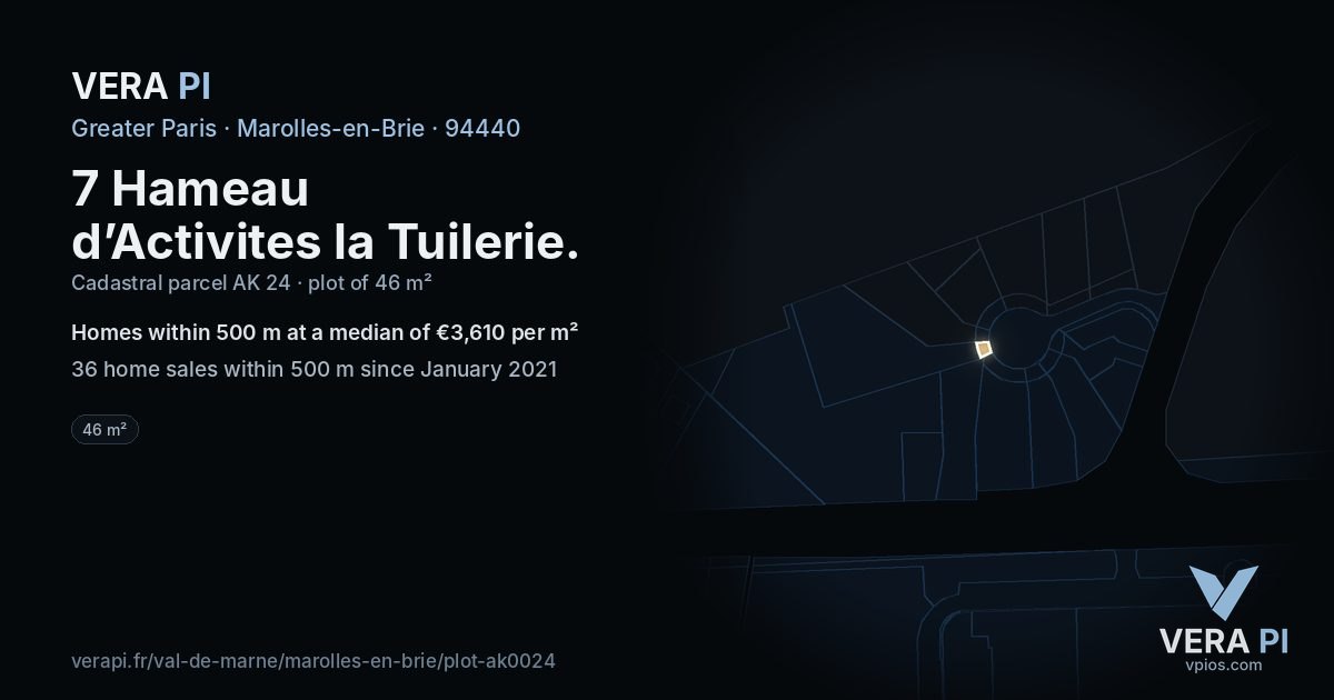 7 Hameau d’Activites la Tuilerie, Marolles-en-Brie at night – the plot lit, the parcels around coloured by the prices near them