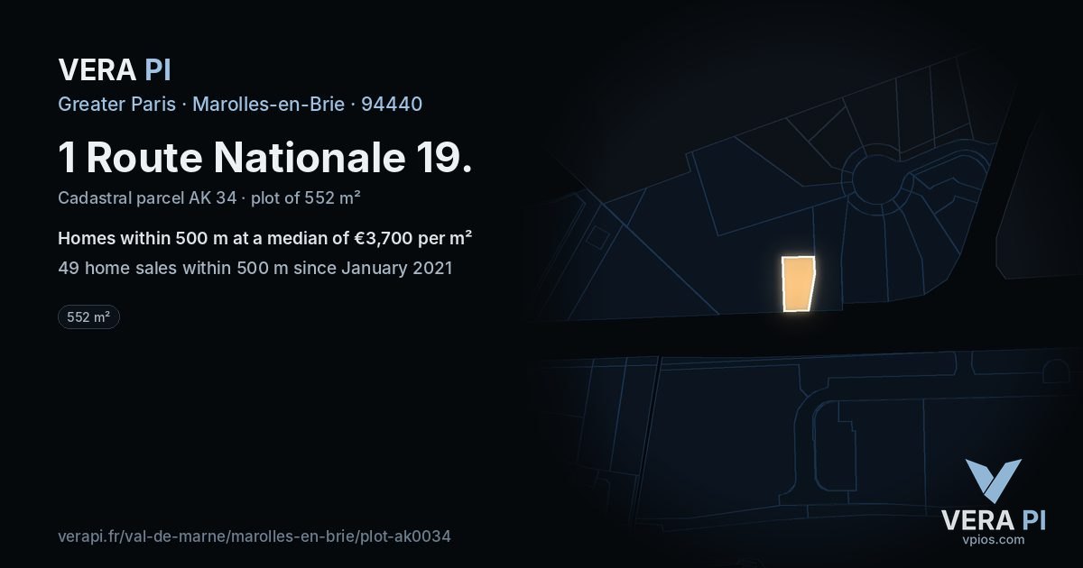 1 Route Nationale 19, Marolles-en-Brie at night – the plot lit, the parcels around coloured by the prices near them