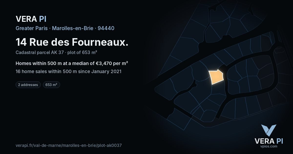 14 Rue des Fourneaux, Marolles-en-Brie at night – the plot lit, the parcels around coloured by the prices near them