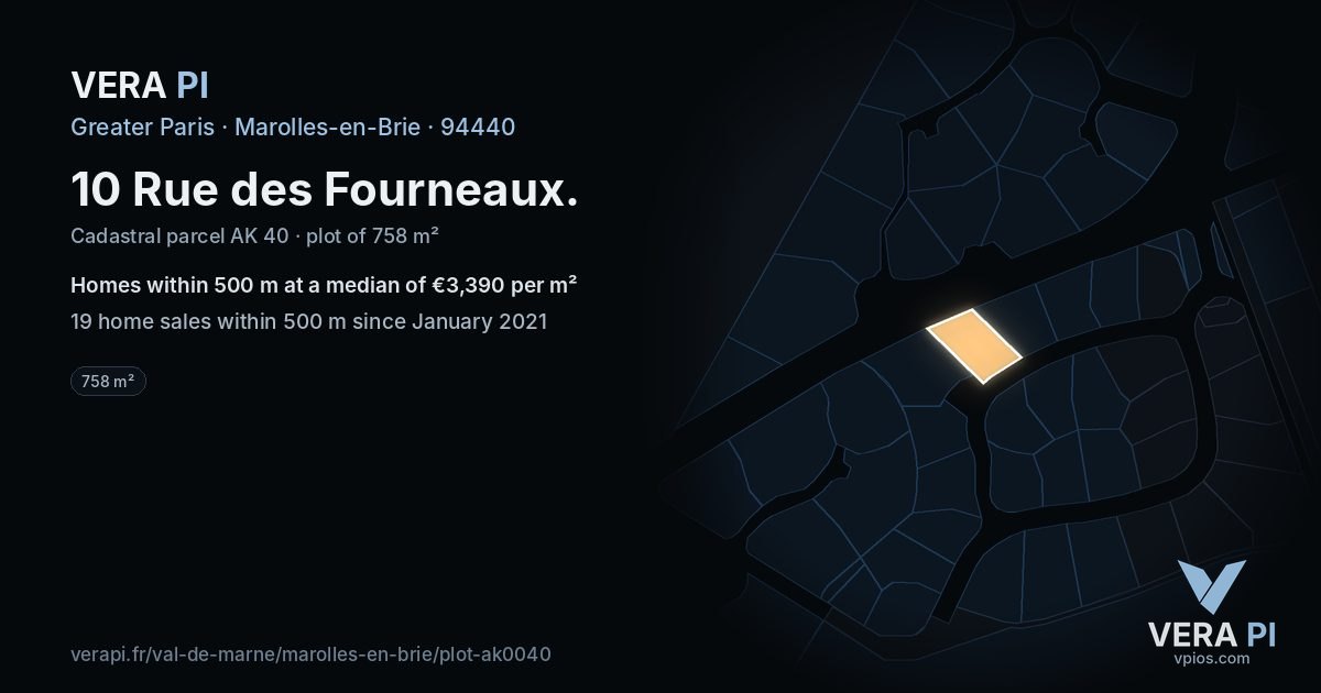 10 Rue des Fourneaux, Marolles-en-Brie at night – the plot lit, the parcels around coloured by the prices near them