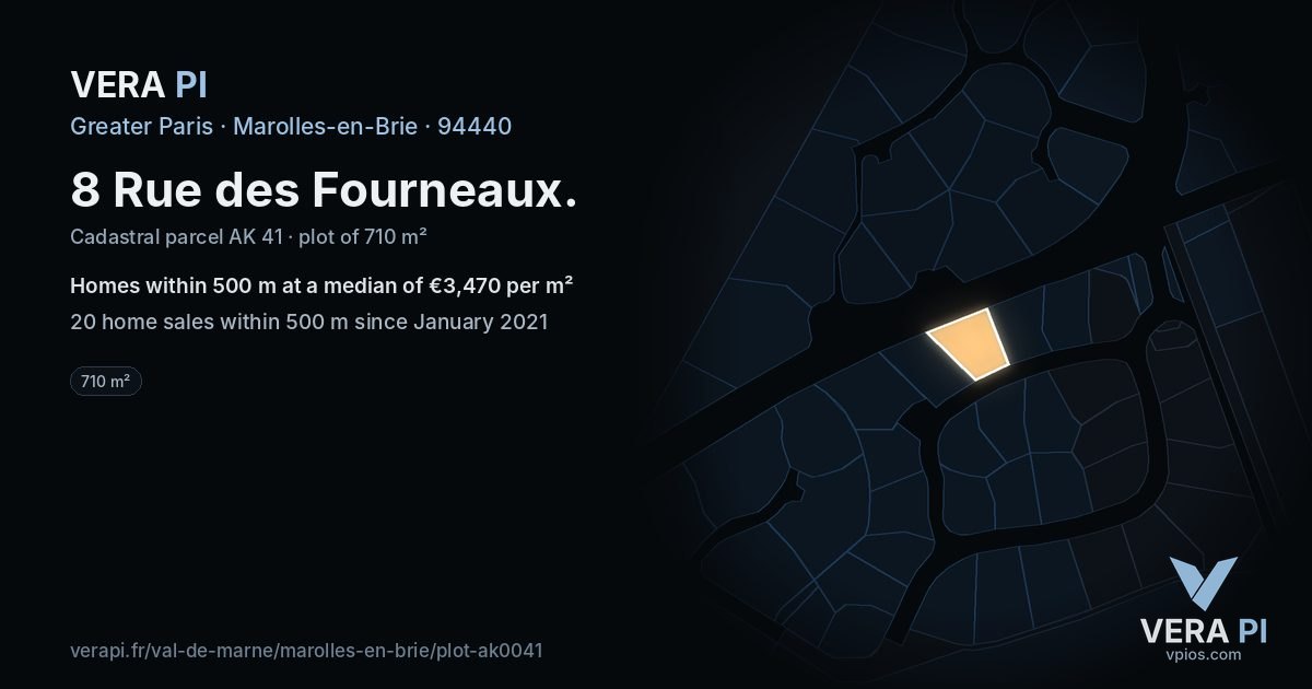 8 Rue des Fourneaux, Marolles-en-Brie at night – the plot lit, the parcels around coloured by the prices near them