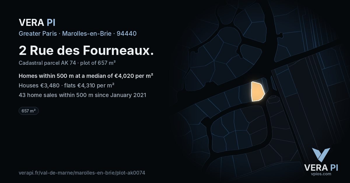2 Rue des Fourneaux, Marolles-en-Brie at night – the plot lit, the parcels around coloured by the prices near them