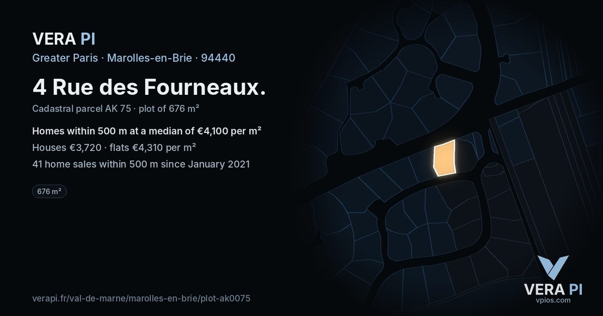4 Rue des Fourneaux, Marolles-en-Brie at night – the plot lit, the parcels around coloured by the prices near them
