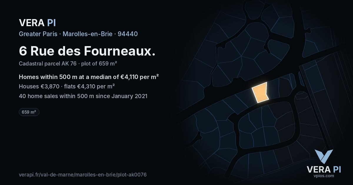 6 Rue des Fourneaux, Marolles-en-Brie at night – the plot lit, the parcels around coloured by the prices near them