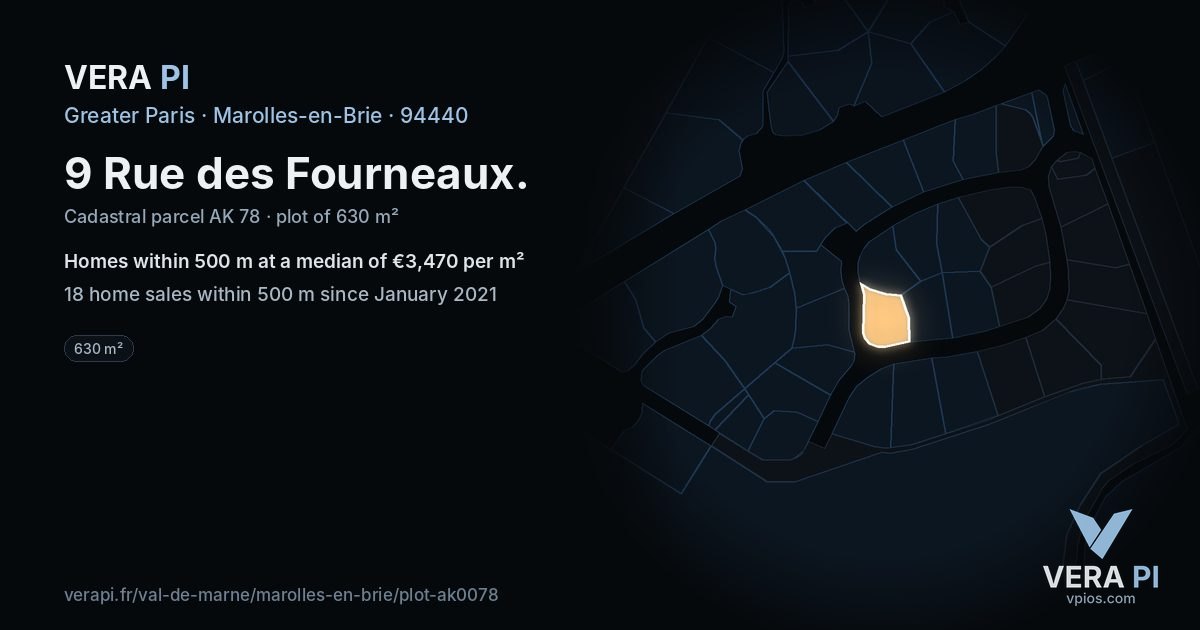 9 Rue des Fourneaux, Marolles-en-Brie at night – the plot lit, the parcels around coloured by the prices near them