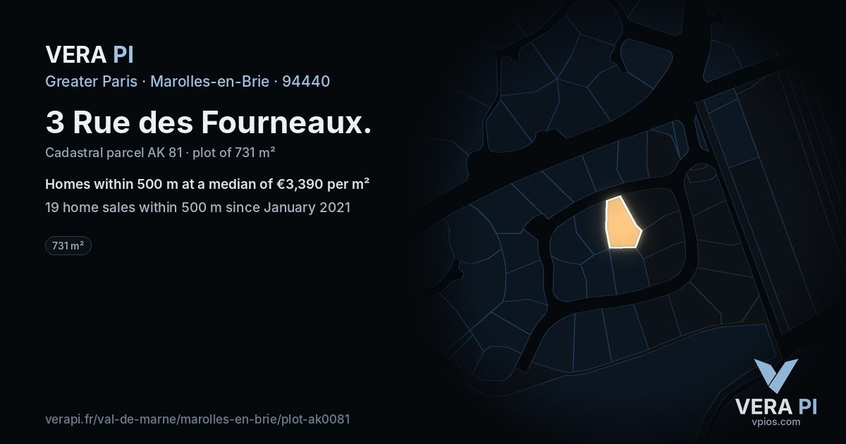 3 Rue des Fourneaux, Marolles-en-Brie at night – the plot lit, the parcels around coloured by the prices near them
