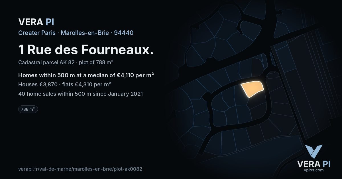1 Rue des Fourneaux, Marolles-en-Brie at night – the plot lit, the parcels around coloured by the prices near them