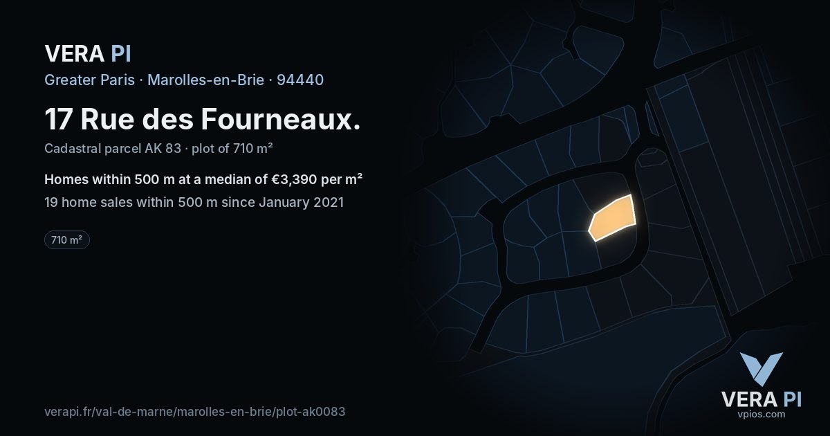 17 Rue des Fourneaux, Marolles-en-Brie at night – the plot lit, the parcels around coloured by the prices near them