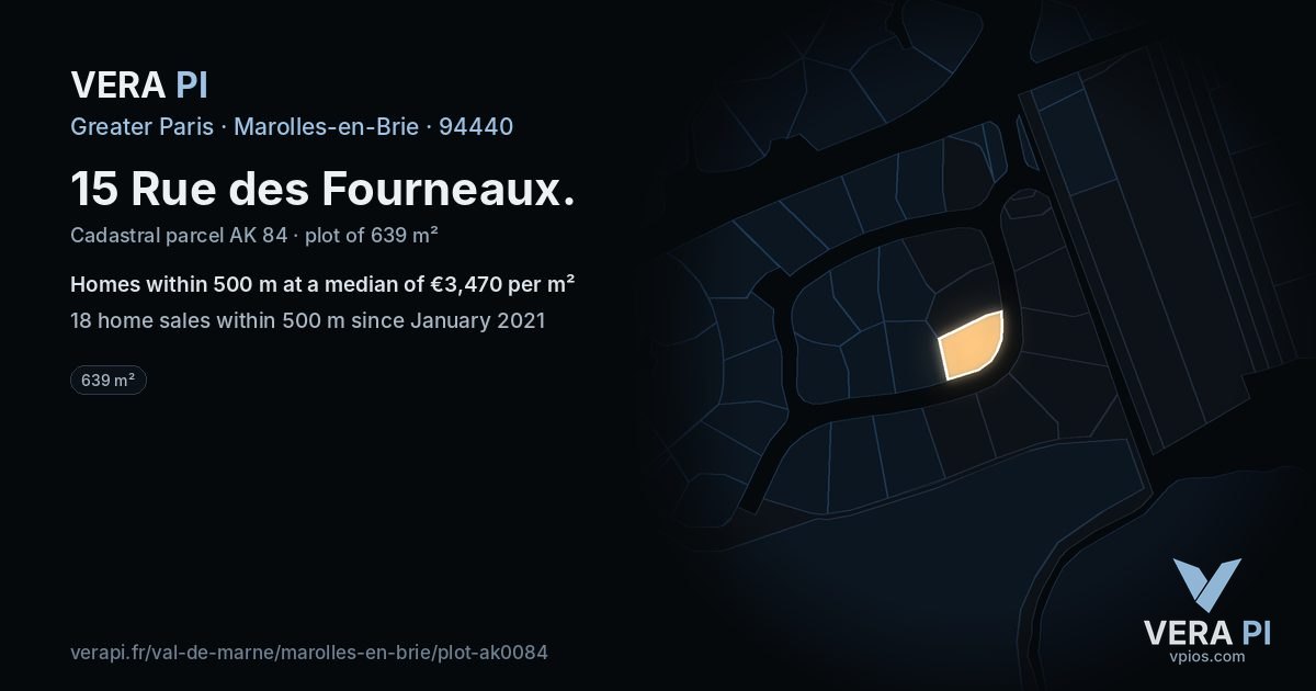 15 Rue des Fourneaux, Marolles-en-Brie at night – the plot lit, the parcels around coloured by the prices near them
