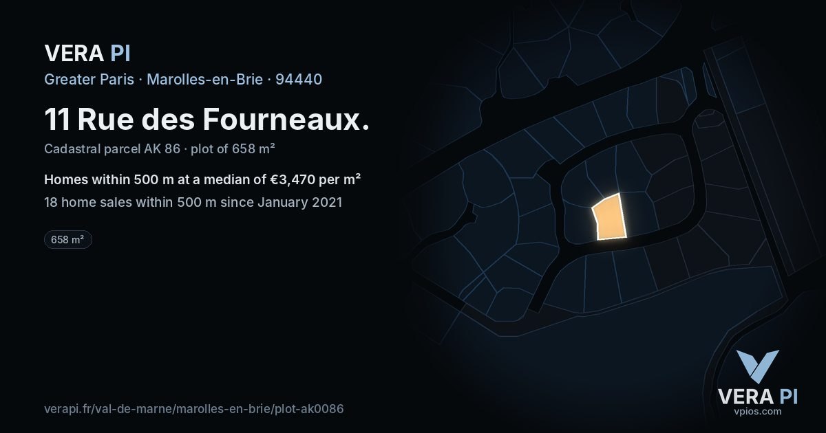 11 Rue des Fourneaux, Marolles-en-Brie at night – the plot lit, the parcels around coloured by the prices near them