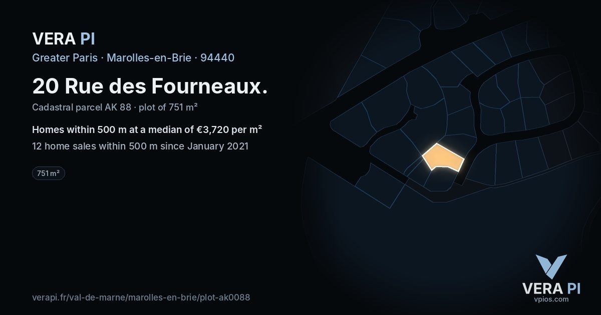 20 Rue des Fourneaux, Marolles-en-Brie at night – the plot lit, the parcels around coloured by the prices near them