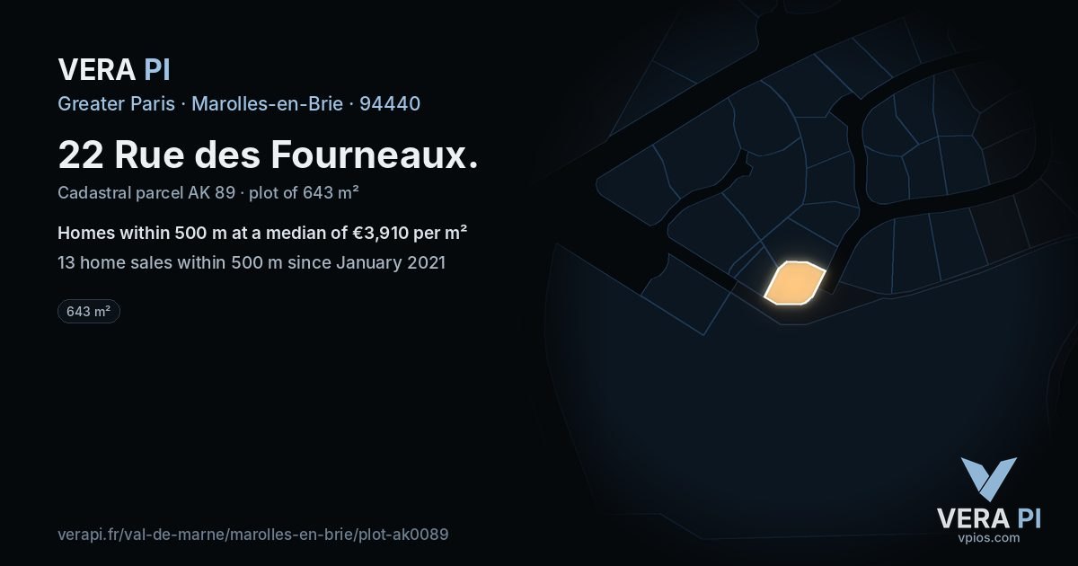 22 Rue des Fourneaux, Marolles-en-Brie at night – the plot lit, the parcels around coloured by the prices near them