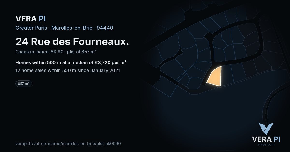 24 Rue des Fourneaux, Marolles-en-Brie at night – the plot lit, the parcels around coloured by the prices near them