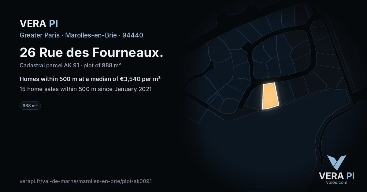 26 Rue des Fourneaux, Marolles-en-Brie at night – the plot lit, the parcels around coloured by the prices near them