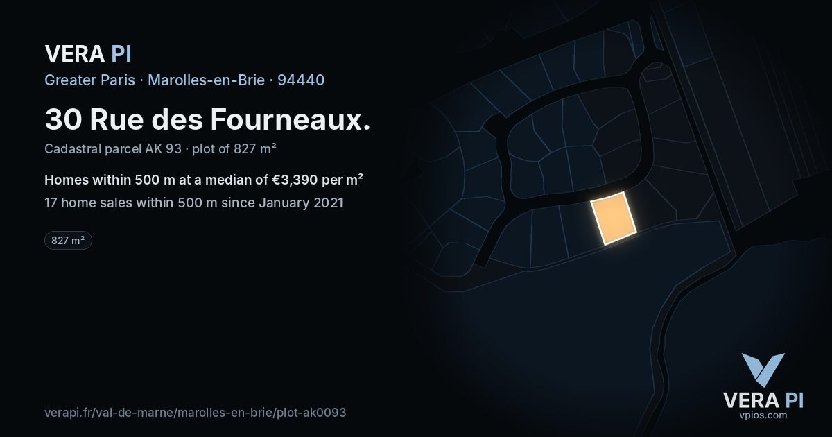 30 Rue des Fourneaux, Marolles-en-Brie at night – the plot lit, the parcels around coloured by the prices near them