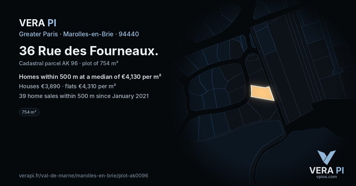 36 Rue des Fourneaux, Marolles-en-Brie at night – the plot lit, the parcels around coloured by the prices near them