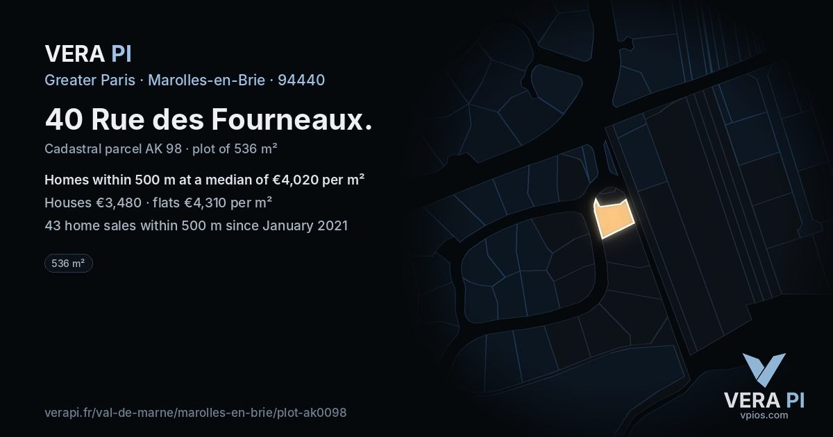 40 Rue des Fourneaux, Marolles-en-Brie at night – the plot lit, the parcels around coloured by the prices near them