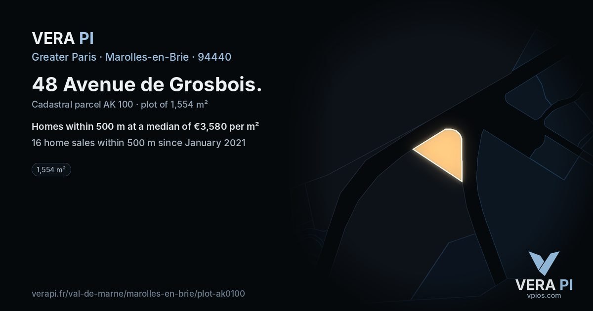 48 Avenue de Grosbois, Marolles-en-Brie at night – the plot lit, the parcels around coloured by the prices near them