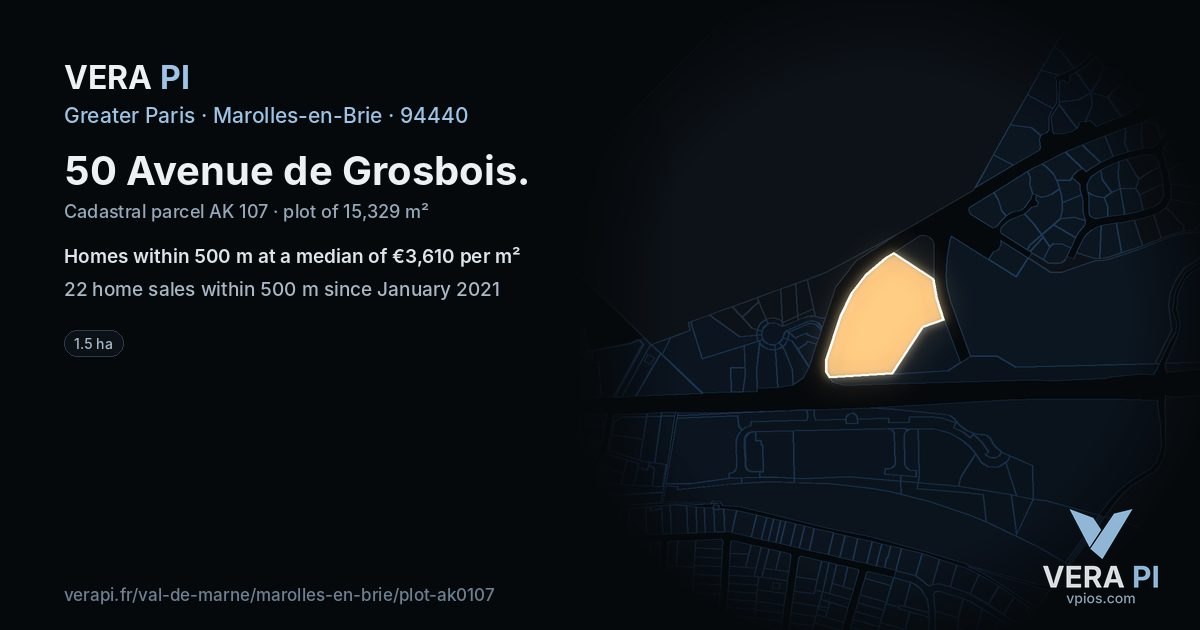 50 Avenue de Grosbois, Marolles-en-Brie at night – the plot lit, the parcels around coloured by the prices near them
