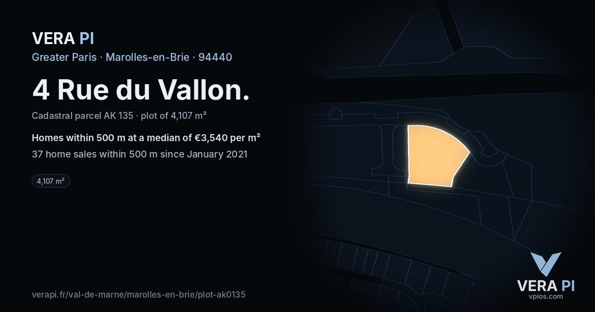 4 Rue du Vallon, Marolles-en-Brie at night – the plot lit, the parcels around coloured by the prices near them