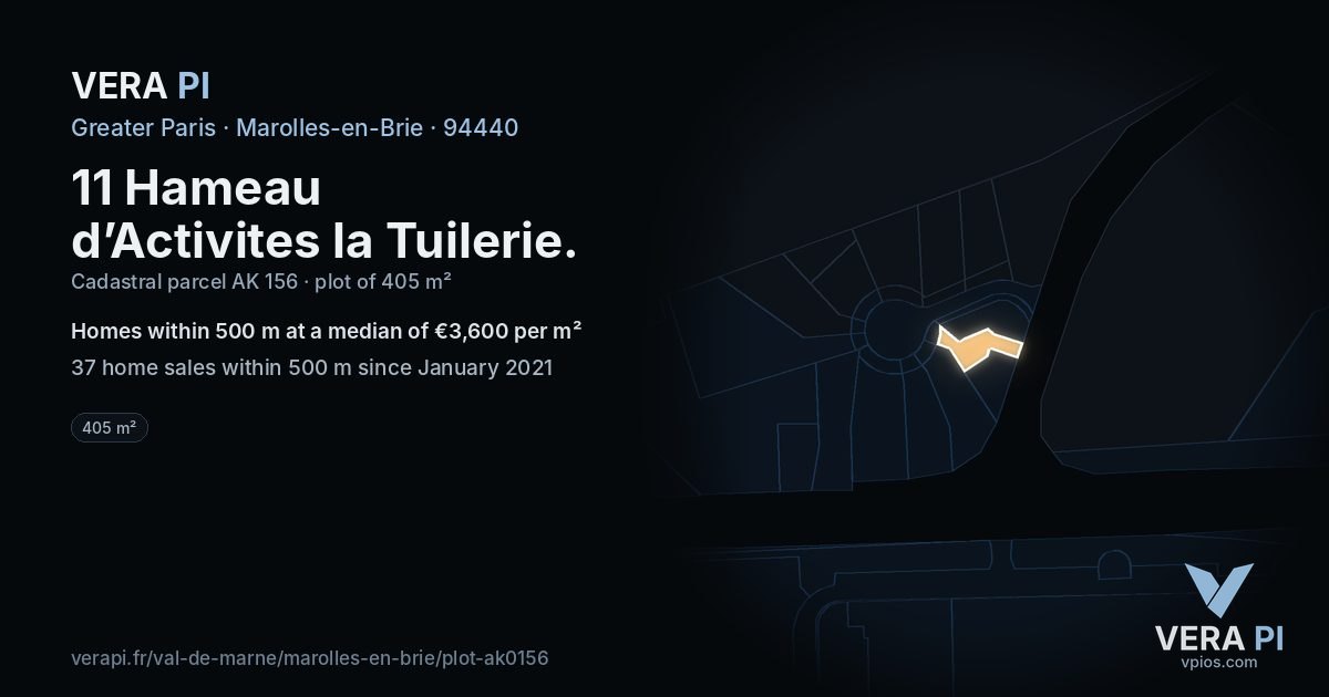 11 Hameau d’Activites la Tuilerie, Marolles-en-Brie at night – the plot lit, the parcels around coloured by the prices near them
