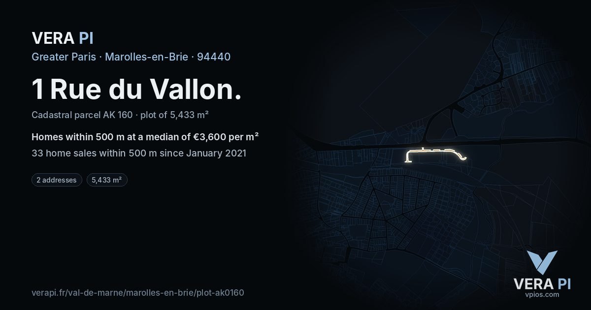 1 Rue du Vallon, Marolles-en-Brie at night – the plot lit, the parcels around coloured by the prices near them