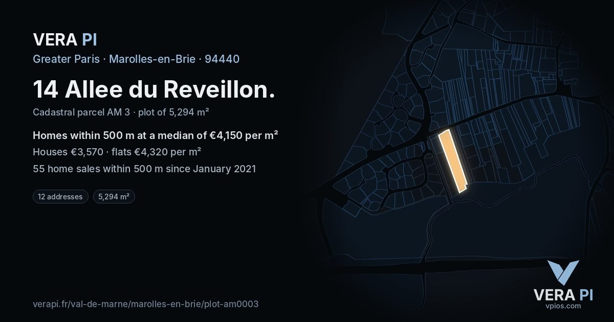 14 Allee du Reveillon, Marolles-en-Brie at night – the plot lit, the parcels around coloured by the prices near them