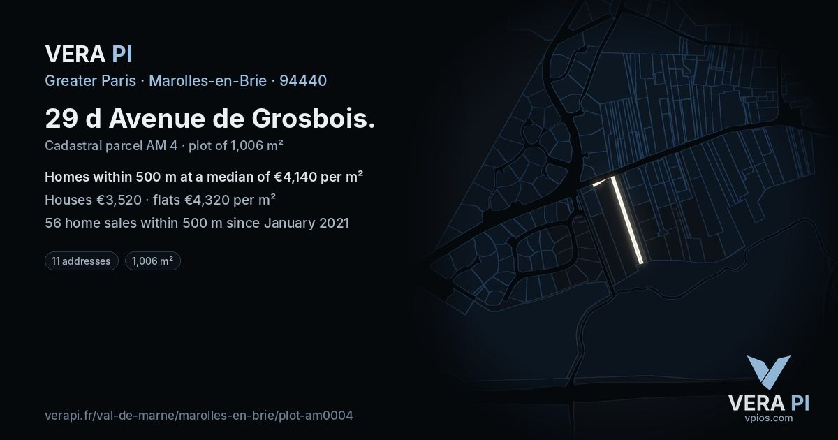 29 d Avenue de Grosbois, Marolles-en-Brie at night – the plot lit, the parcels around coloured by the prices near them