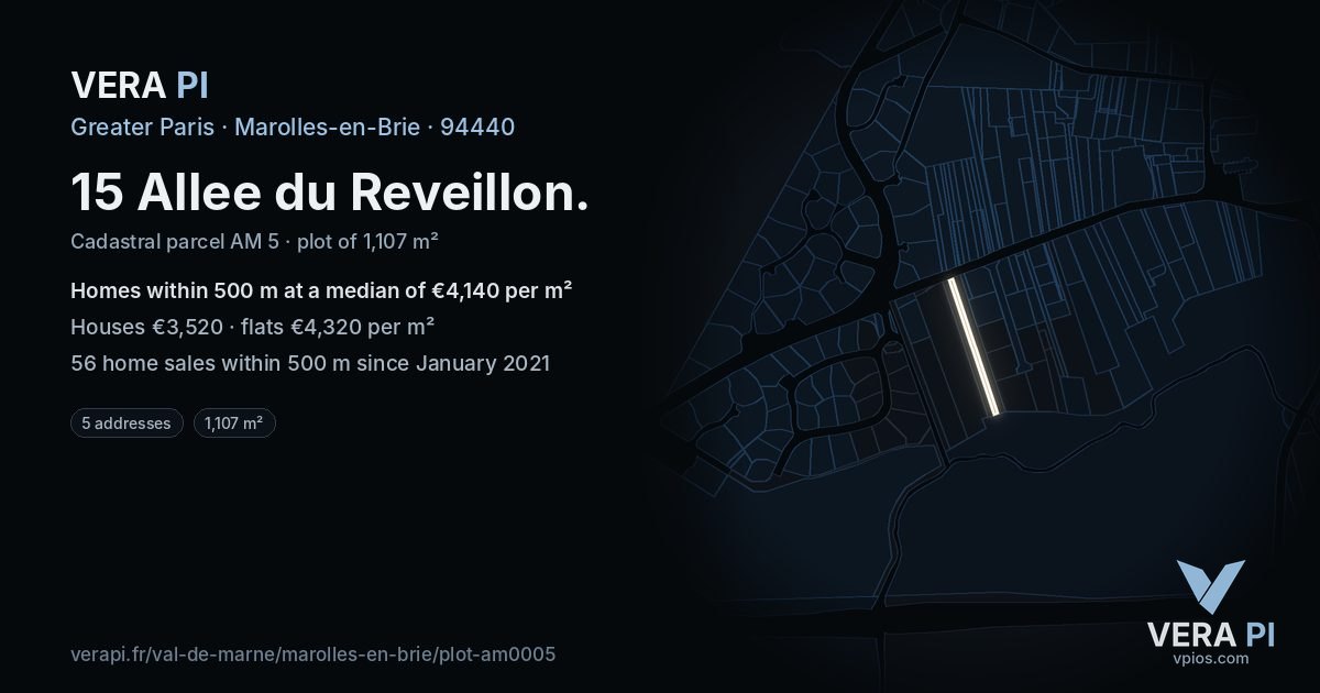 15 Allee du Reveillon, Marolles-en-Brie at night – the plot lit, the parcels around coloured by the prices near them
