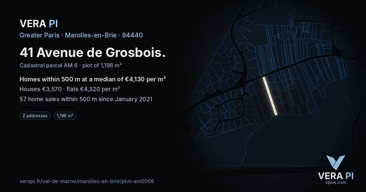 41 Avenue de Grosbois, Marolles-en-Brie at night – the plot lit, the parcels around coloured by the prices near them