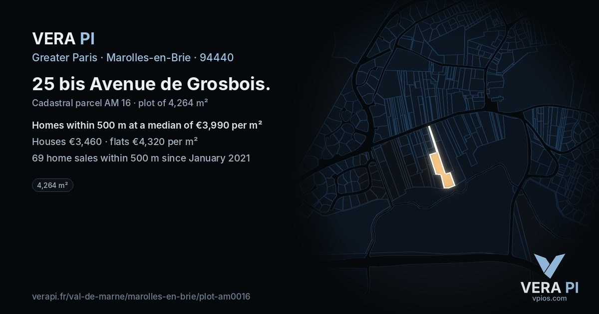 25 bis Avenue de Grosbois, Marolles-en-Brie at night – the plot lit, the parcels around coloured by the prices near them