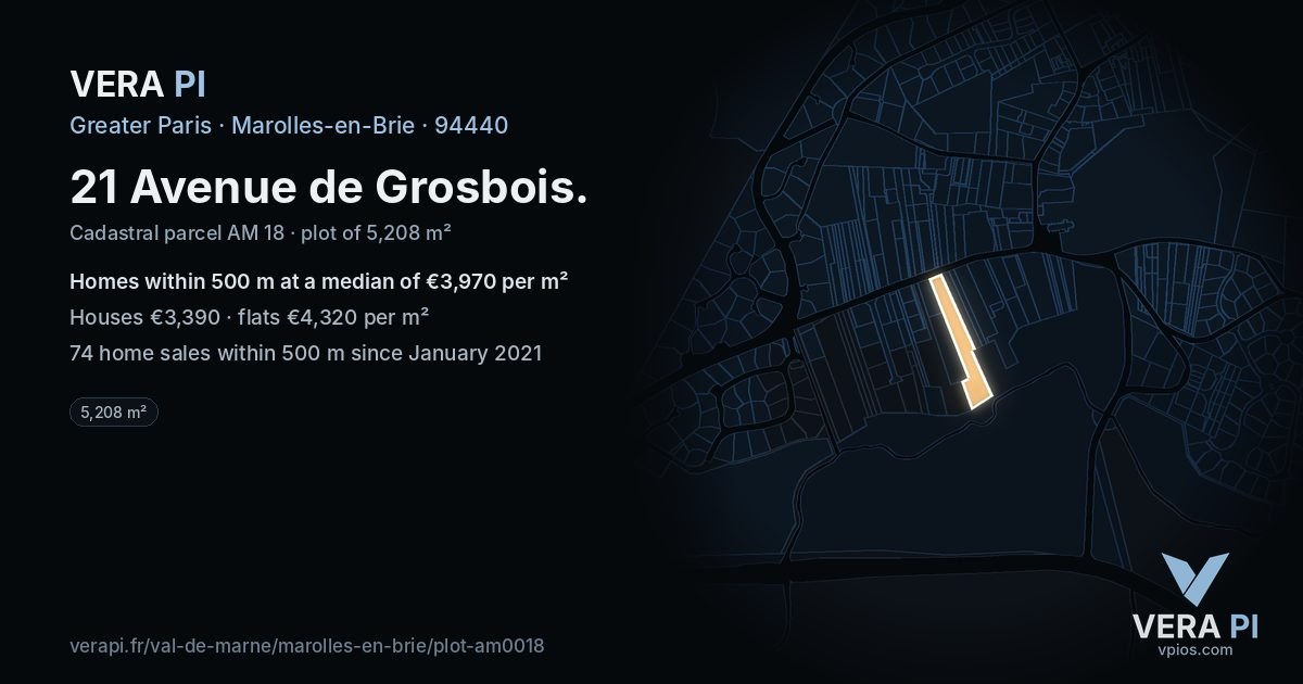 21 Avenue de Grosbois, Marolles-en-Brie at night – the plot lit, the parcels around coloured by the prices near them