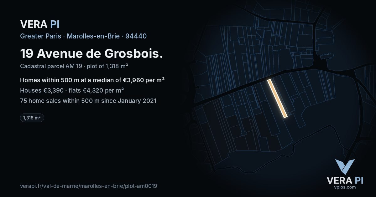 19 Avenue de Grosbois, Marolles-en-Brie at night – the plot lit, the parcels around coloured by the prices near them
