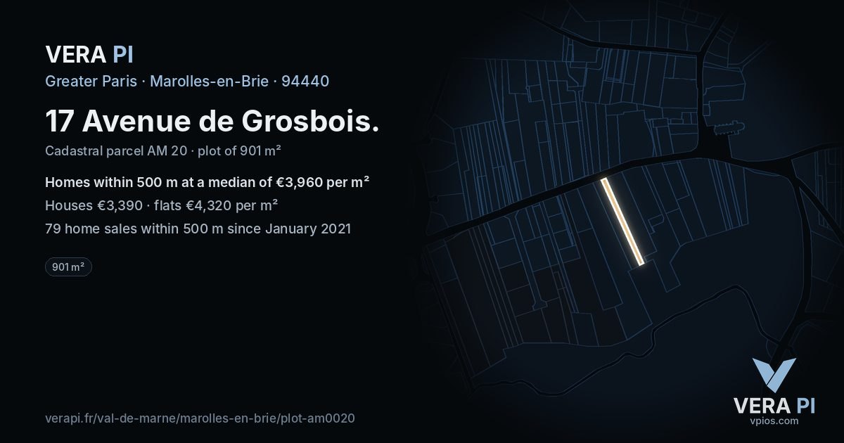 17 Avenue de Grosbois, Marolles-en-Brie at night – the plot lit, the parcels around coloured by the prices near them